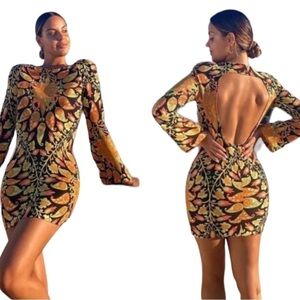 Zara Dress XS 70s Hippie Boho Rave Festival Long Sleeve Colorful Cut Out Mini